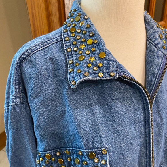 Jean jacket by Outbrook size ladies Small 24” long 23” armpit to armpit - Picture 6 of 13